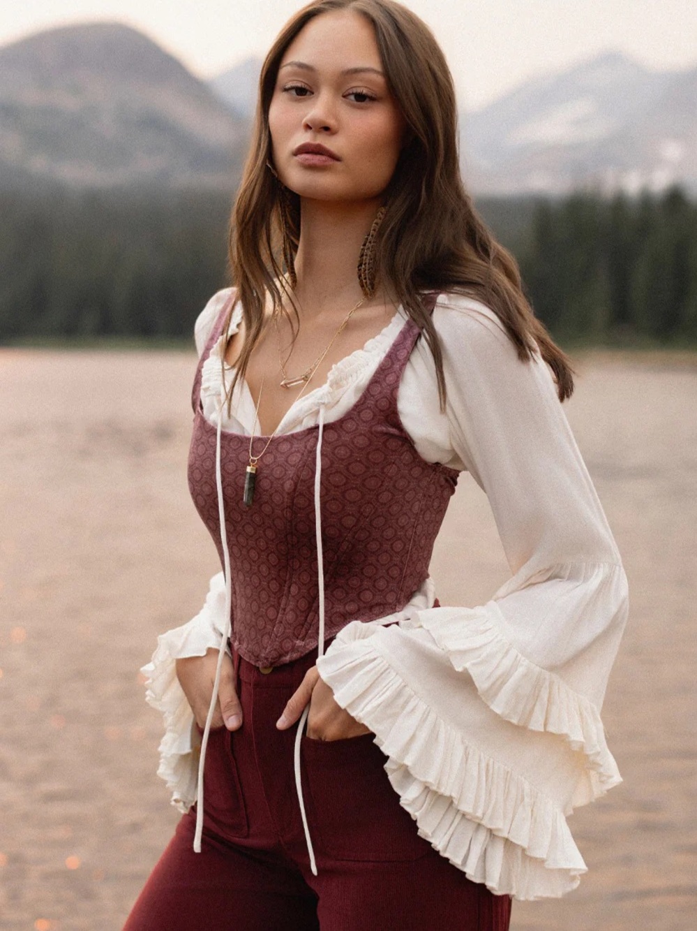 Joyfolie Journee Corset Top in Oxblood Medallion